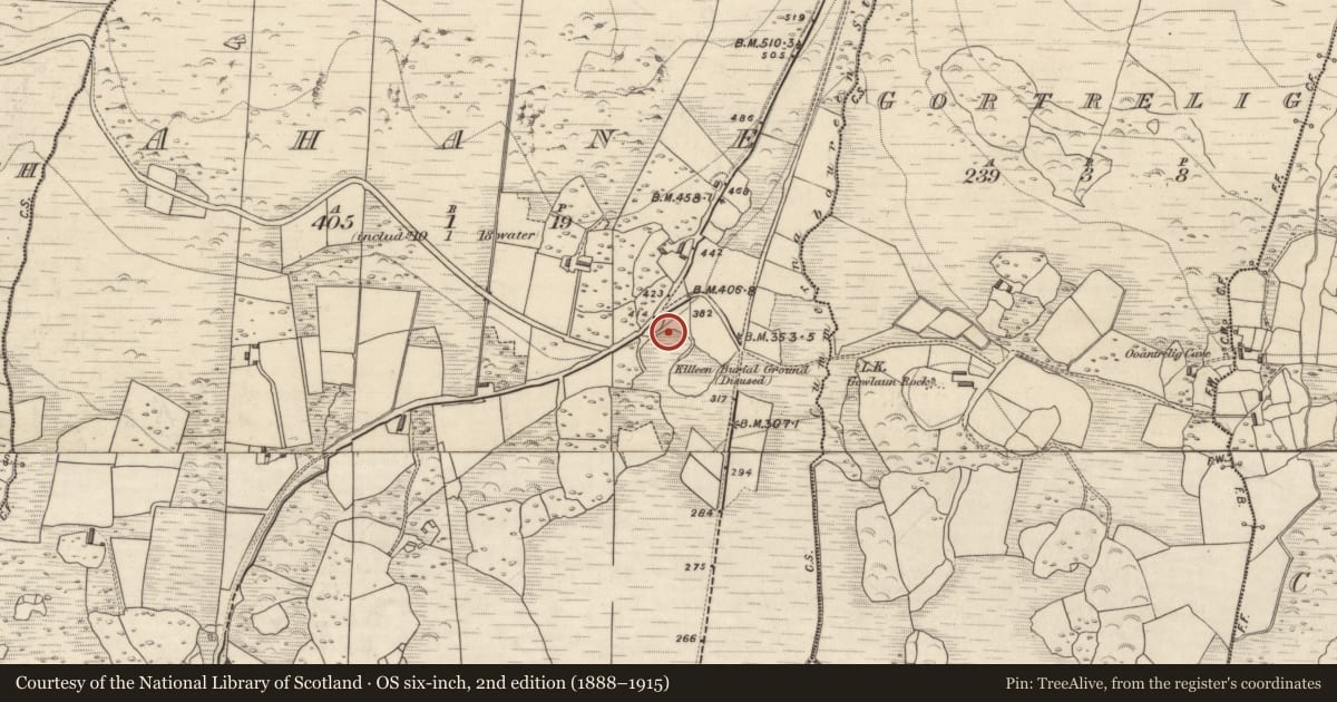 Ordnance Survey six-inch map, 2nd edition (1888–1915) covering the location of Mass-rock, Ahane, County Kerry, with a pin at the register's coordinates