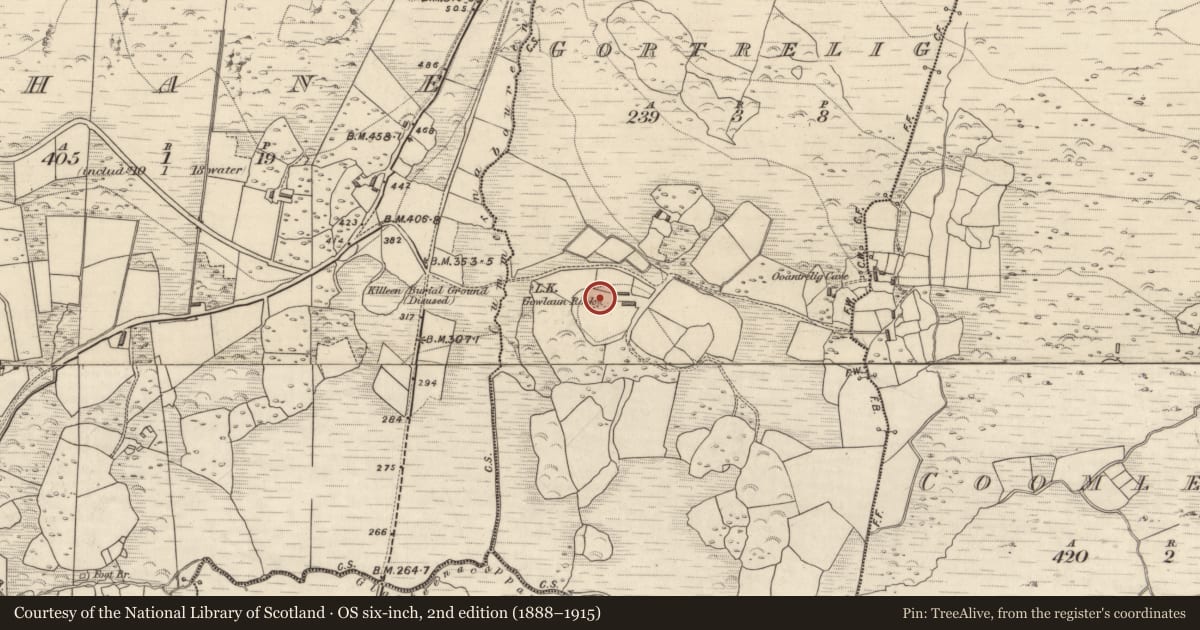 Ordnance Survey six-inch map, 2nd edition (1888–1915) covering the location of Standing stone, Gortrelig, County Kerry, with a pin at the register's coordinates