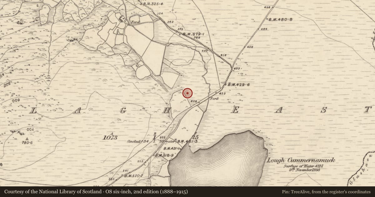 Ordnance Survey six-inch map, 2nd edition (1888–1915) covering the location of Hut site, Oolagh East, County Kerry, with a pin at the register's coordinates