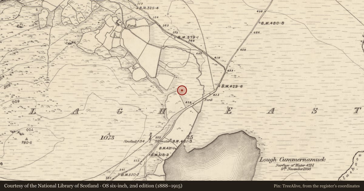 Ordnance Survey six-inch map, 2nd edition (1888–1915) covering the location of Field boundary, Oolagh East, County Kerry, with a pin at the register's coordinates