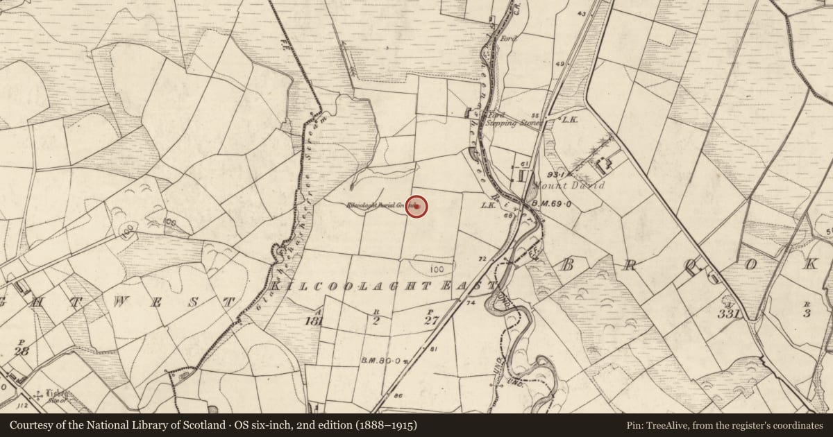 Ordnance Survey six-inch map, 2nd edition (1888–1915) covering the location of Ogham stone, Kilcoolaght East, County Kerry, with a pin at the register's coordinates