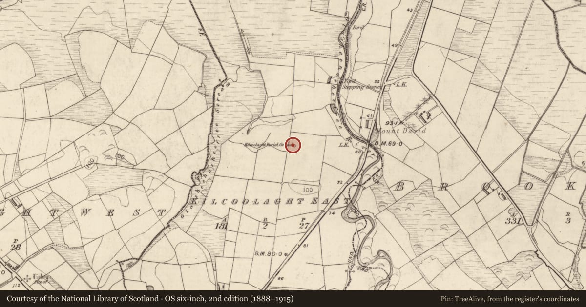 Ordnance Survey six-inch map, 2nd edition (1888–1915) covering the location of Ogham stone, Kilcoolaght East, County Kerry, with a pin at the register's coordinates