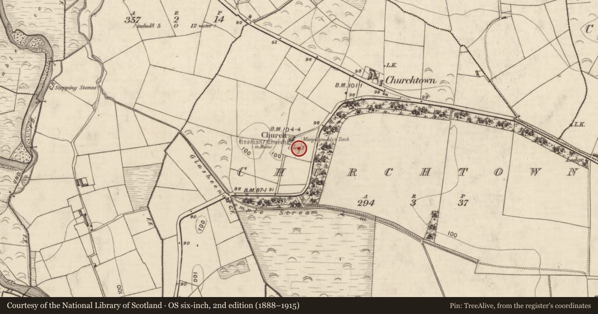 Ordnance Survey six-inch map, 2nd edition (1888–1915) covering the location of Ogham stone, Churchtown, County Kerry, with a pin at the register's coordinates