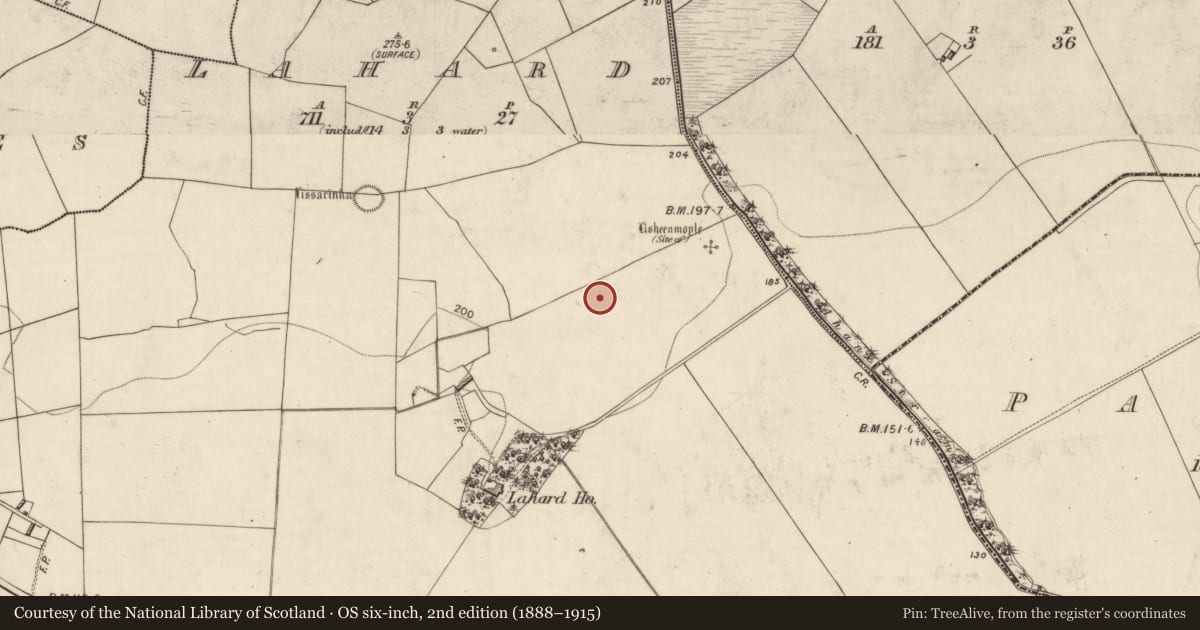 Ordnance Survey six-inch map, 2nd edition (1888–1915) covering the location of Ringfort - rath, Lahard, County Kerry, with a pin at the register's coordinates