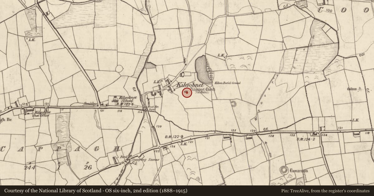 Ordnance Survey six-inch map, 2nd edition (1888–1915) covering the location of Church, Kilgobnet, County Kerry, with a pin at the register's coordinates