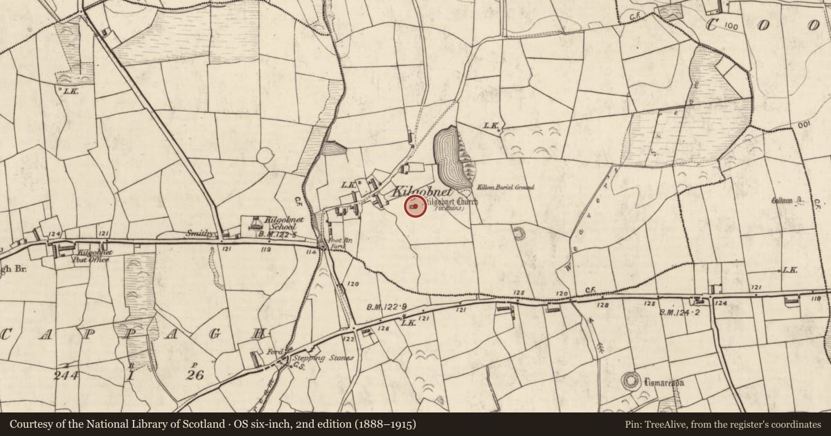 Ordnance Survey six-inch map, 2nd edition (1888–1915) covering the location of Hut site, Kilgobnet, County Kerry, with a pin at the register's coordinates