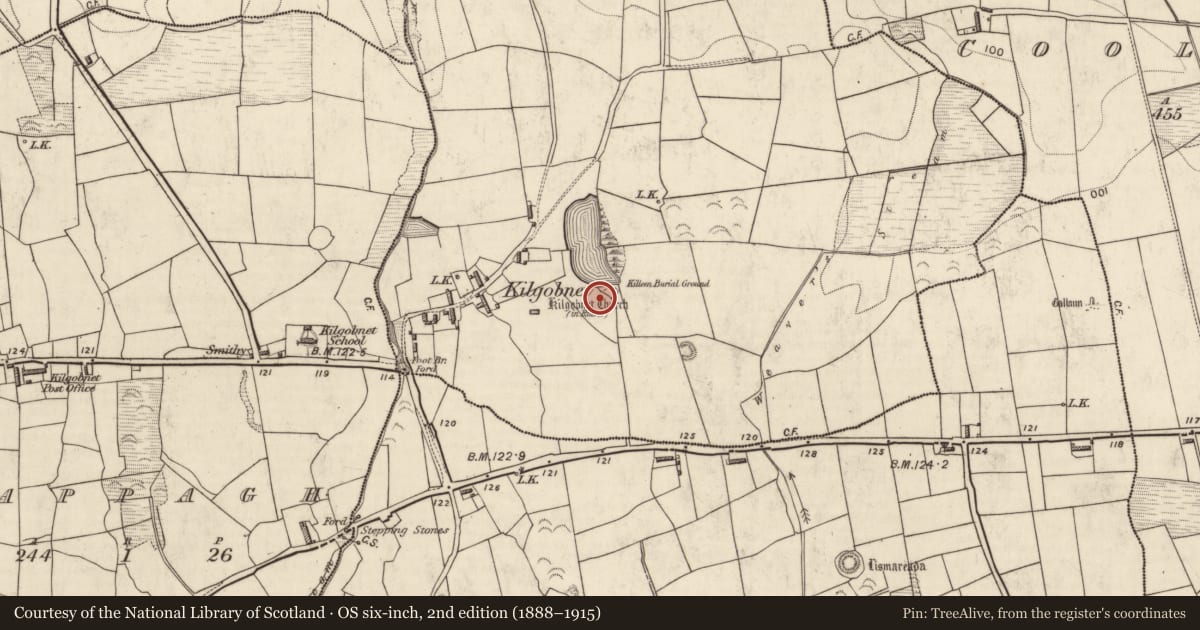 Ordnance Survey six-inch map, 2nd edition (1888–1915) covering the location of Cross-slab, Kilgobnet, County Kerry, with a pin at the register's coordinates