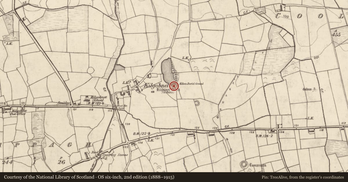 Ordnance Survey six-inch map, 2nd edition (1888–1915) covering the location of Children's burial ground, Kilgobnet, County Kerry, with a pin at the register's coordinates
