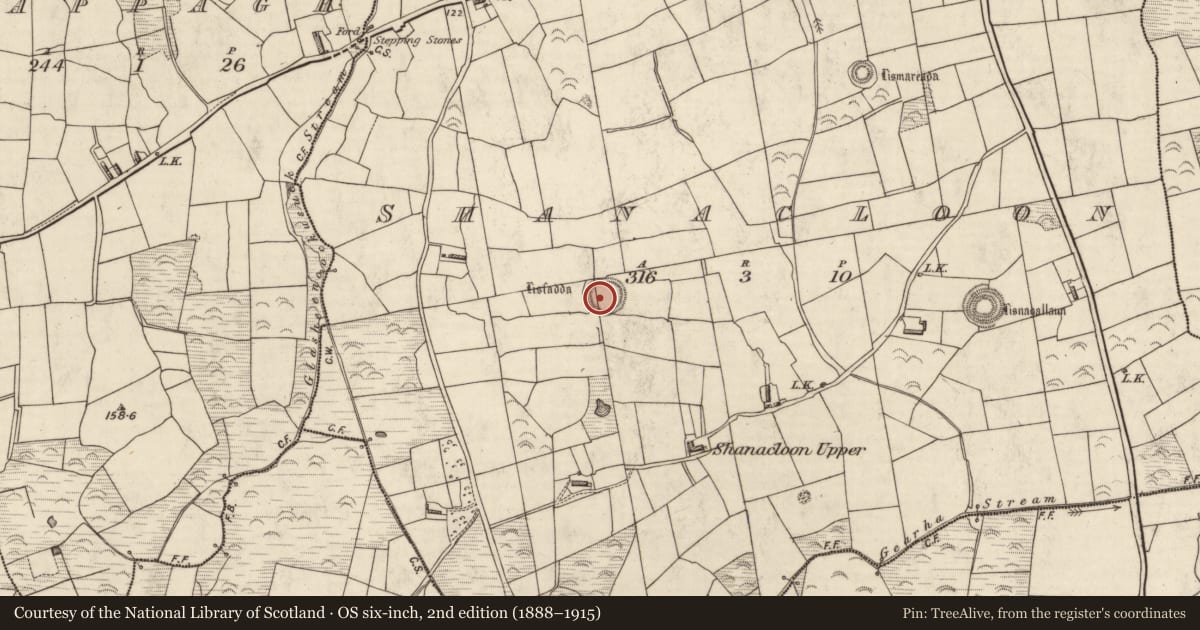 Ordnance Survey six-inch map, 2nd edition (1888–1915) covering the location of Ringfort - rath, Shanacloon, County Kerry, with a pin at the register's coordinates