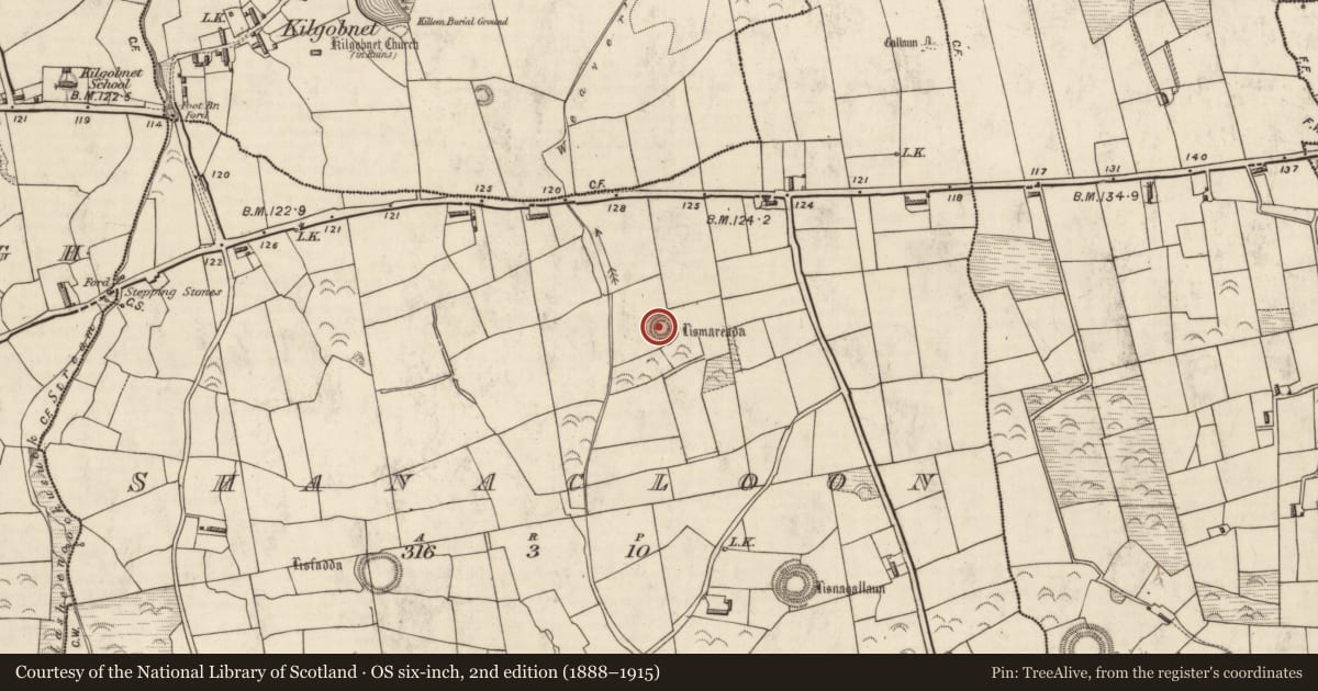 Ordnance Survey six-inch map, 2nd edition (1888–1915) covering the location of Ringfort - rath, Shanacloon, County Kerry, with a pin at the register's coordinates