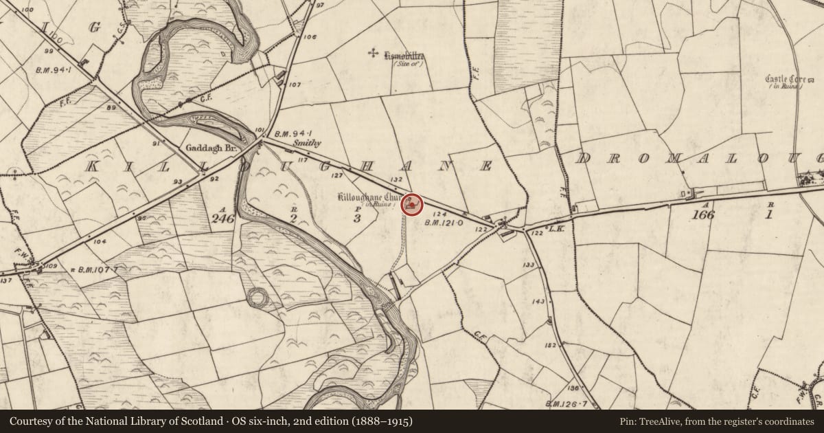 Ordnance Survey six-inch map, 2nd edition (1888–1915) covering the location of Church, Killoughane, County Kerry, with a pin at the register's coordinates