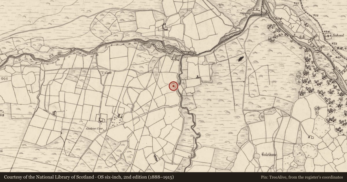 Ordnance Survey six-inch map, 2nd edition (1888–1915) covering the location of Enclosure, Coolroe, County Kerry, with a pin at the register's coordinates