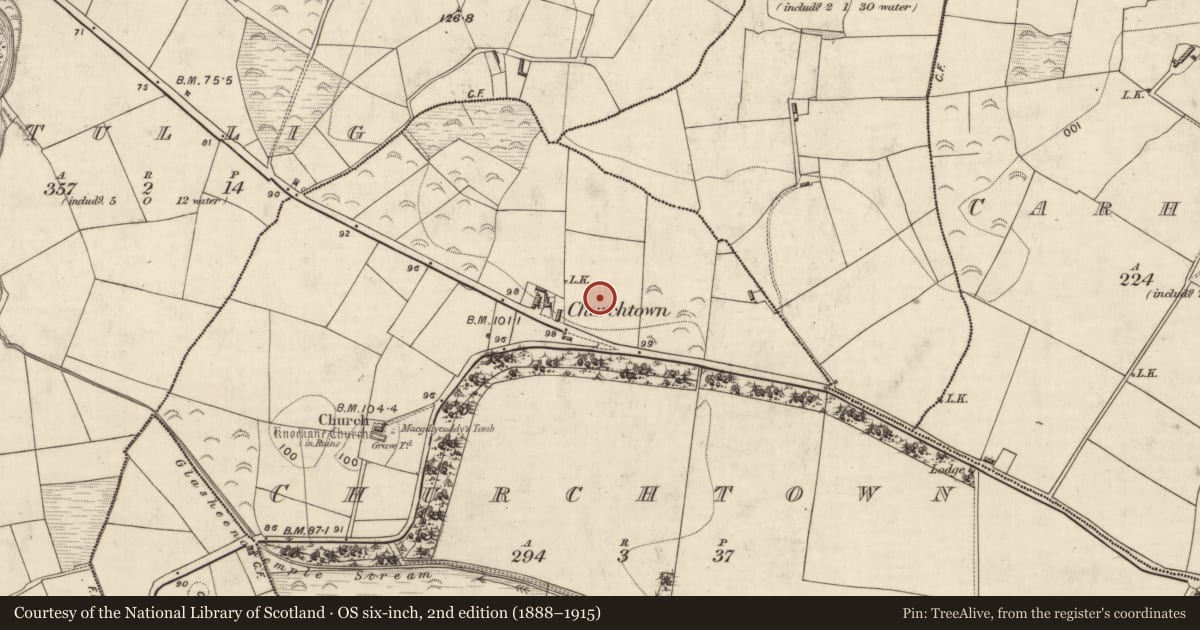 Ordnance Survey six-inch map, 2nd edition (1888–1915) covering the location of Kiln - lime, Churchtown, County Kerry, with a pin at the register's coordinates