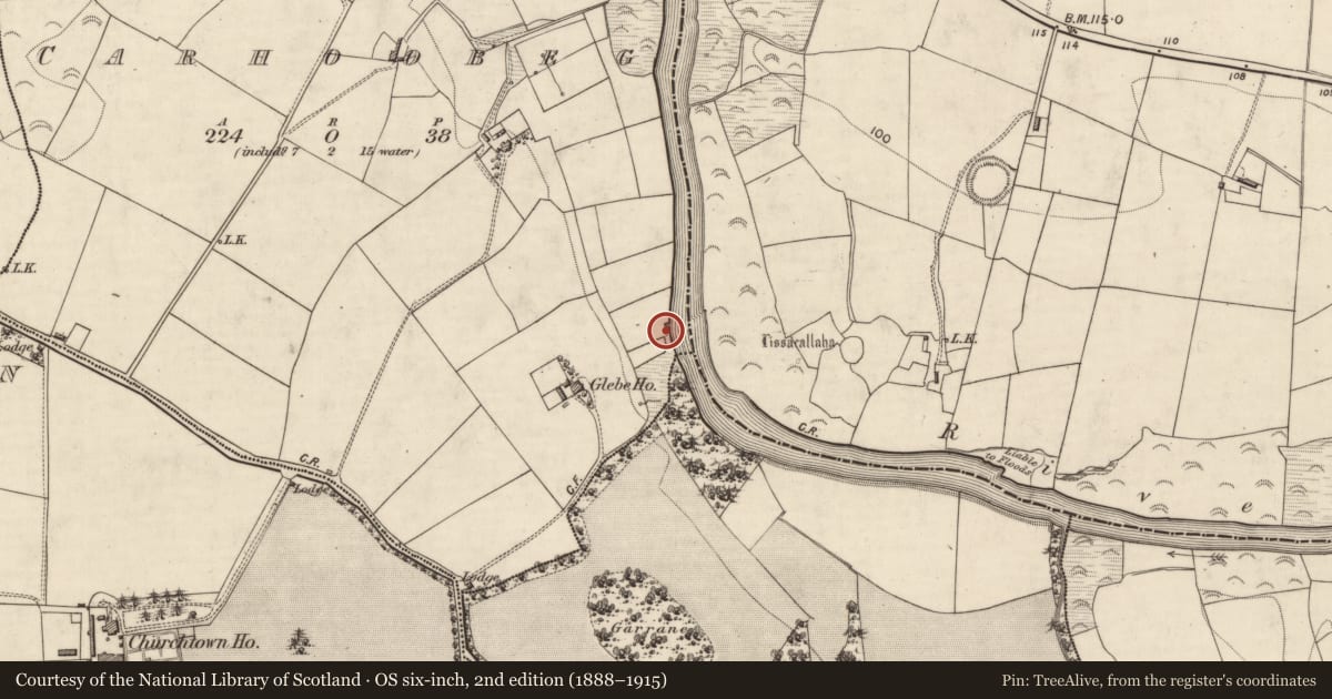 Ordnance Survey six-inch map, 2nd edition (1888–1915) covering the location of Fulacht fia, Carhoobeg, County Kerry, with a pin at the register's coordinates