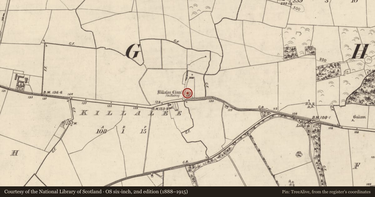 Ordnance Survey six-inch map, 2nd edition (1888–1915) covering the location of Church, Killalee, County Kerry, with a pin at the register's coordinates