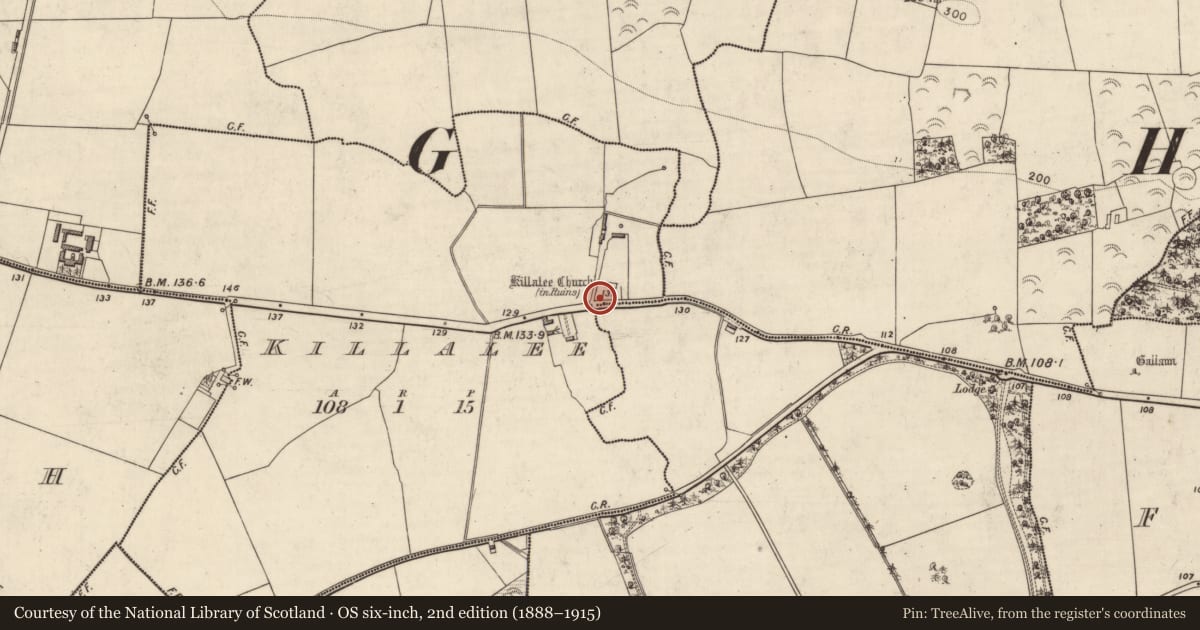 Ordnance Survey six-inch map, 2nd edition (1888–1915) covering the location of Graveyard, Killalee, County Kerry, with a pin at the register's coordinates