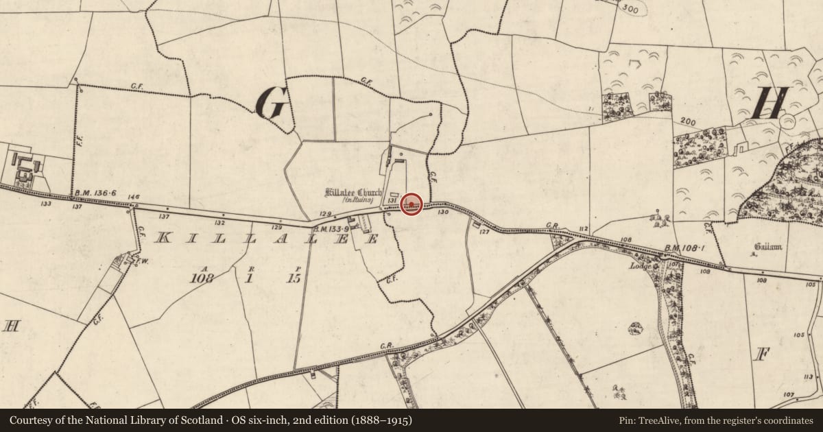 Ordnance Survey six-inch map, 2nd edition (1888–1915) covering the location of Cremation pit, Killalee, County Kerry, with a pin at the register's coordinates