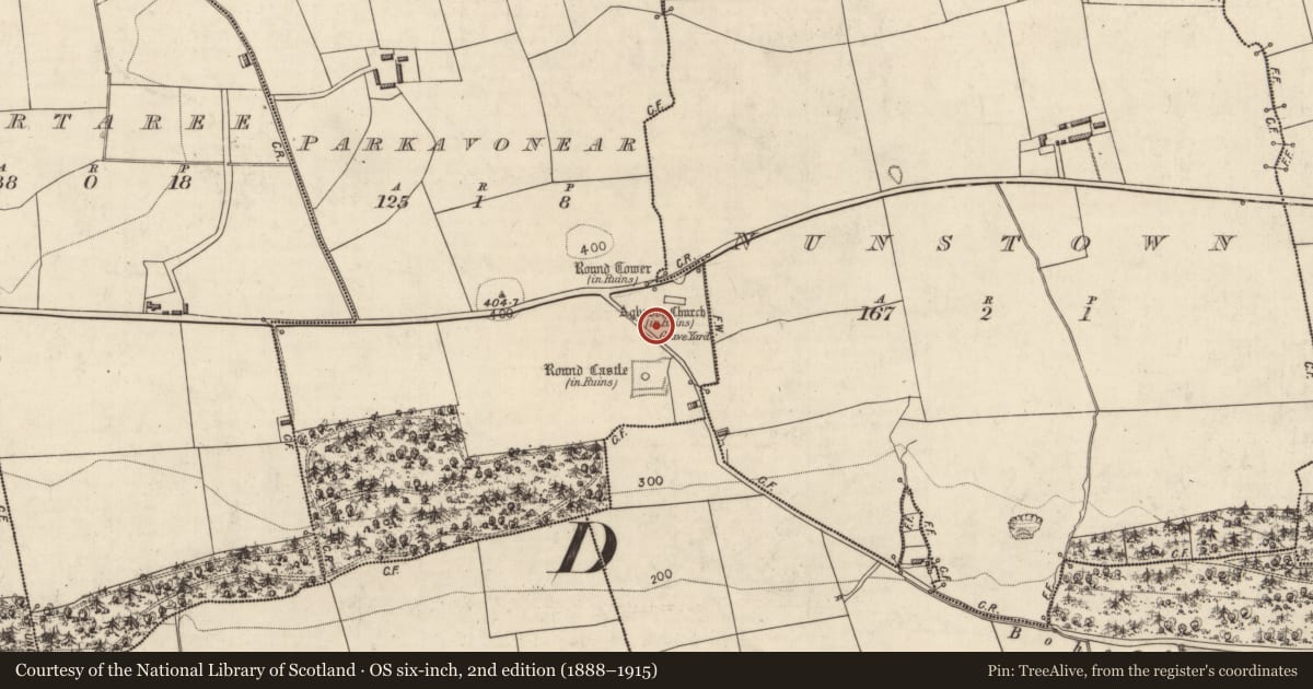 Ordnance Survey six-inch map, 2nd edition (1888–1915) covering the location of Graveyard, Parkavonear, County Kerry, with a pin at the register's coordinates