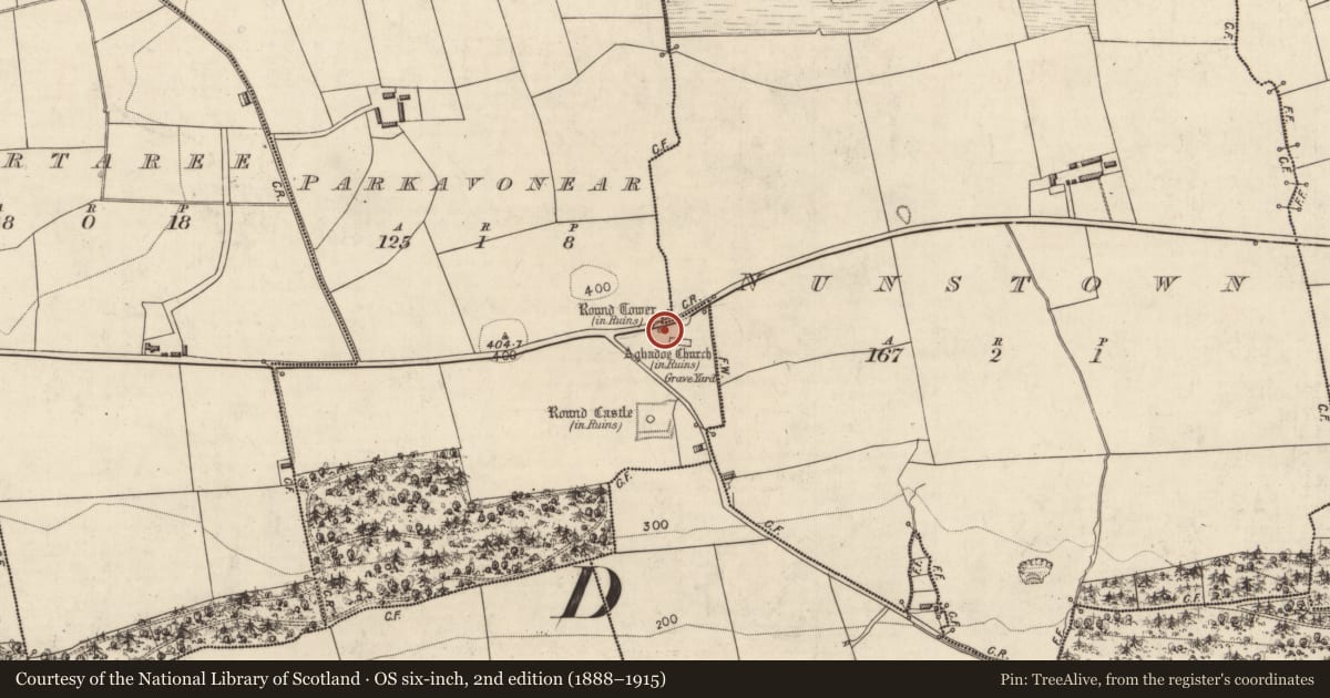 Ordnance Survey six-inch map, 2nd edition (1888–1915) covering the location of Round tower, Parkavonear, County Kerry, with a pin at the register's coordinates