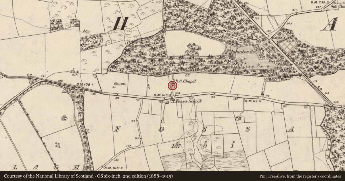 Ordnance Survey six-inch map, 2nd edition (1888–1915) covering the location of Architectural fragment, Fossa, County Kerry, with a pin at the register's coordinates