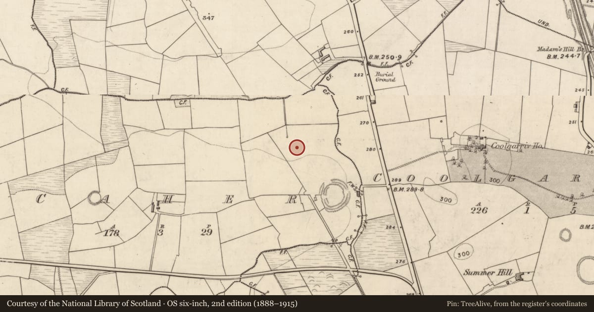 Ordnance Survey six-inch map, 2nd edition (1888–1915) covering the location of Fulacht fia, Caher, County Kerry, with a pin at the register's coordinates