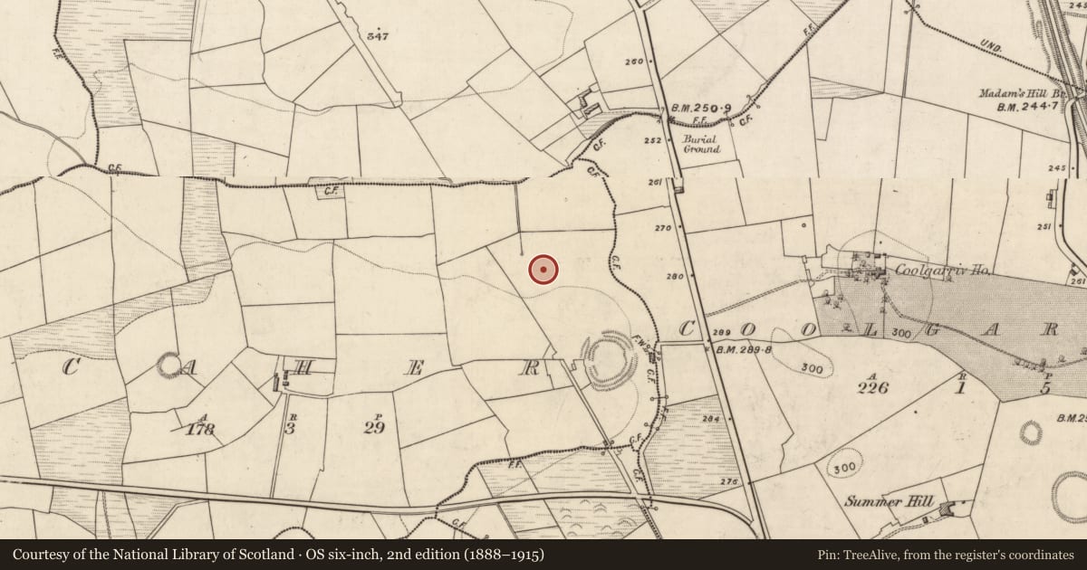 Ordnance Survey six-inch map, 2nd edition (1888–1915) covering the location of Fulacht fia, Caher, County Kerry, with a pin at the register's coordinates