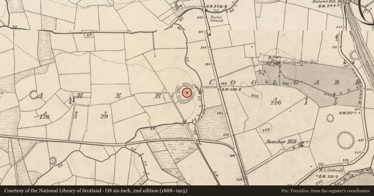 Ordnance Survey six-inch map, 2nd edition (1888–1915) covering the location of Souterrain, Caher, County Kerry, with a pin at the register's coordinates
