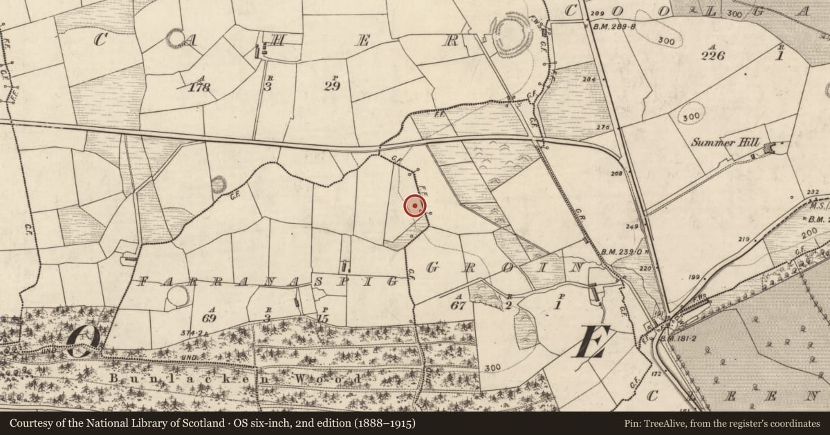 Ordnance Survey six-inch map, 2nd edition (1888–1915) covering the location of Burnt spread, Farranaspig, County Kerry, with a pin at the register's coordinates