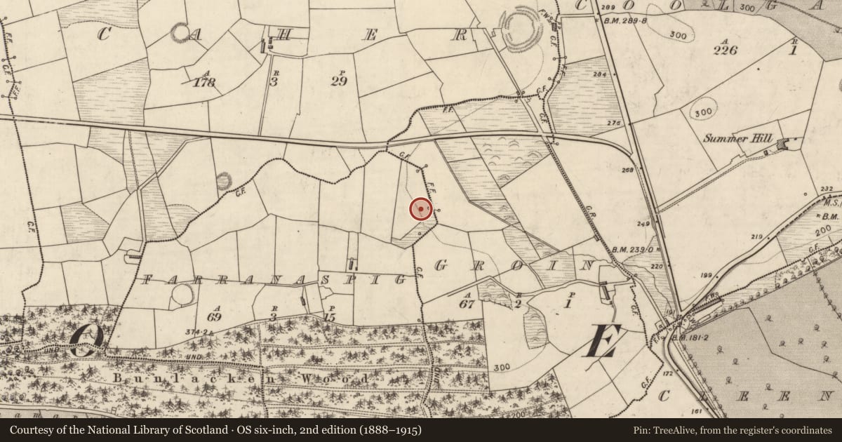 Ordnance Survey six-inch map, 2nd edition (1888–1915) covering the location of Burnt spread, Farranaspig, County Kerry, with a pin at the register's coordinates