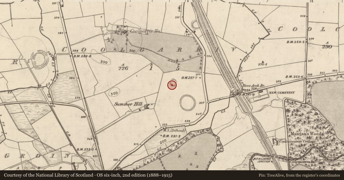 Ordnance Survey six-inch map, 2nd edition (1888–1915) covering the location of Ringfort - rath, Coolgarriv, County Kerry, with a pin at the register's coordinates