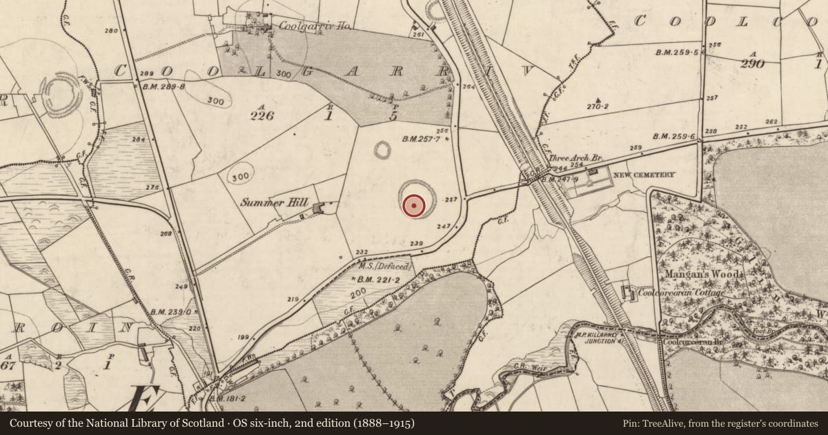 Ordnance Survey six-inch map, 2nd edition (1888–1915) covering the location of Ringfort - rath, Coolgarriv, County Kerry, with a pin at the register's coordinates