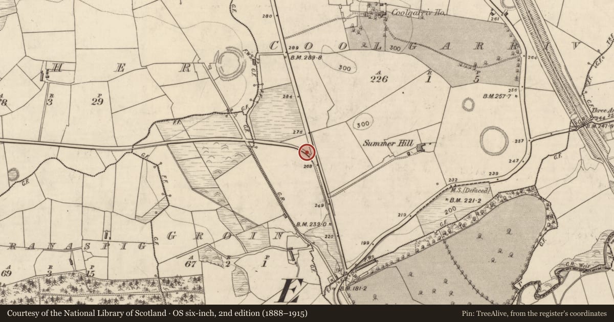 Ordnance Survey six-inch map, 2nd edition (1888–1915) covering the location of Road - road/trackway, Coolgarriv, County Kerry, with a pin at the register's coordinates