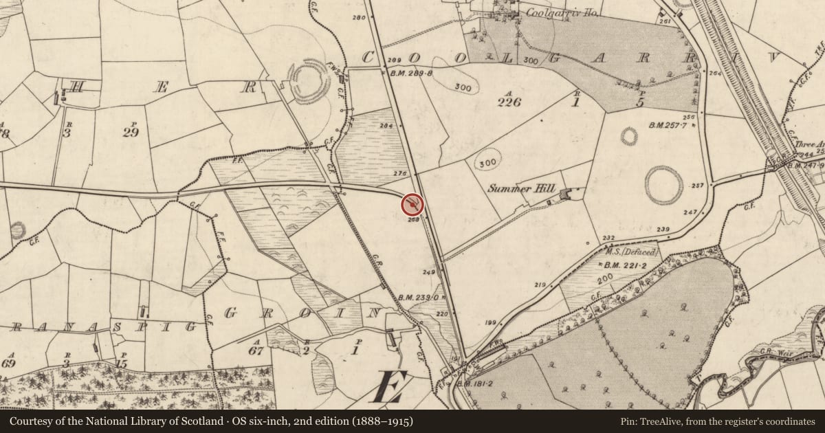 Ordnance Survey six-inch map, 2nd edition (1888–1915) covering the location of Fulacht fia, Coolgarriv, County Kerry, with a pin at the register's coordinates