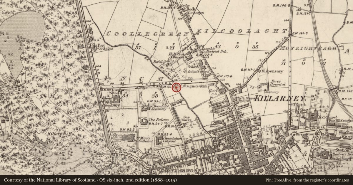 Ordnance Survey six-inch map, 2nd edition (1888–1915) covering the location of Ritual site - holy well, Coollegrean, County Kerry, with a pin at the register's coordinates