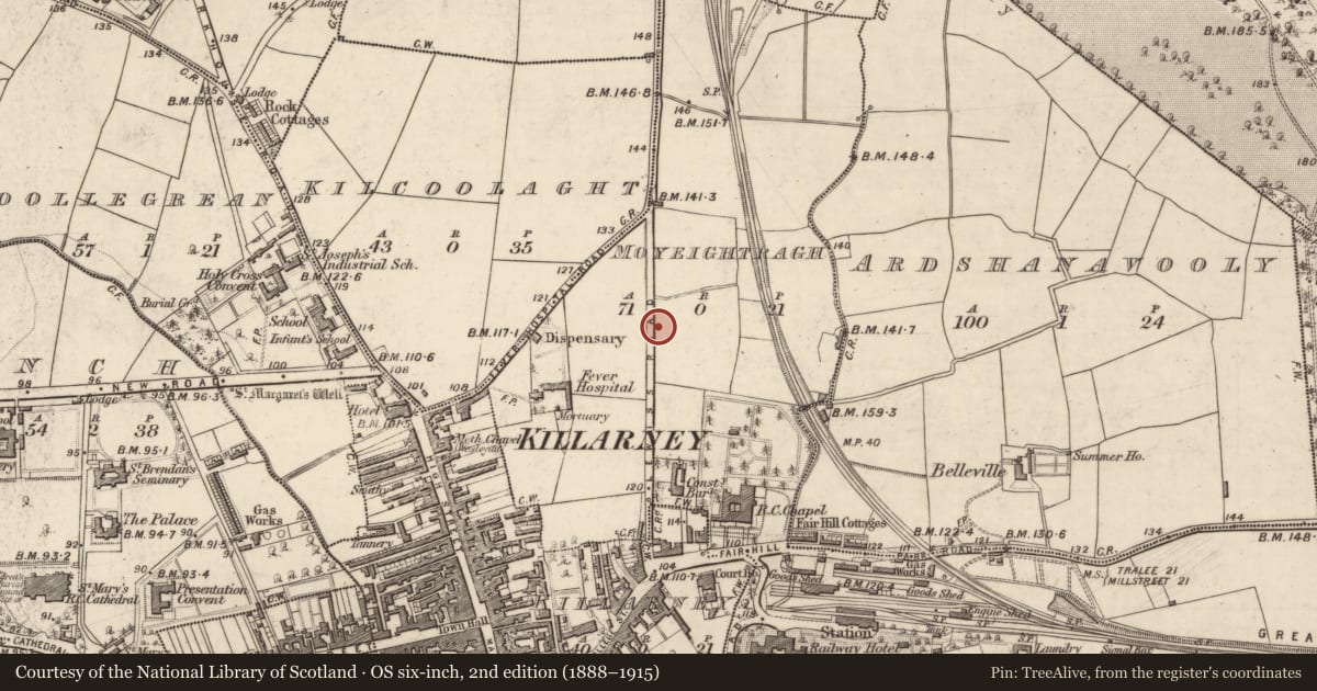 Ordnance Survey six-inch map, 2nd edition (1888–1915) covering the location of Burial ground, Moyeightragh, County Kerry, with a pin at the register's coordinates