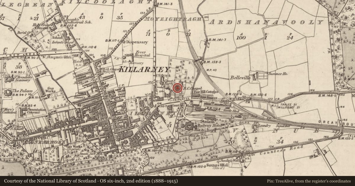 Ordnance Survey six-inch map, 2nd edition (1888–1915) covering the location of Architectural fragment, Moyeightragh, County Kerry, with a pin at the register's coordinates