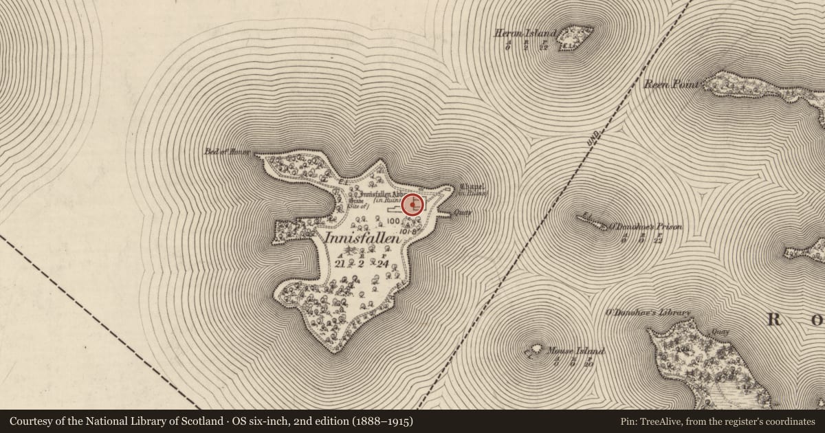 Ordnance Survey six-inch map, 2nd edition (1888–1915) covering the location of Ecclesiastical site, Innisfallen, County Kerry, with a pin at the register's coordinates