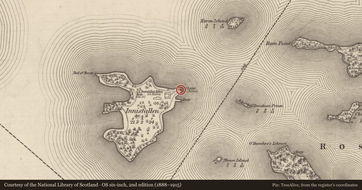 Ordnance Survey six-inch map, 2nd edition (1888–1915) covering the location of Church, Innisfallen, County Kerry, with a pin at the register's coordinates