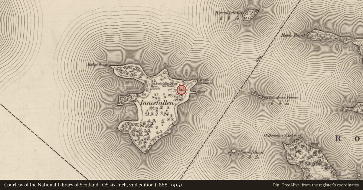 Ordnance Survey six-inch map, 2nd edition (1888–1915) covering the location of Bullaun stone, Innisfallen, County Kerry, with a pin at the register's coordinates