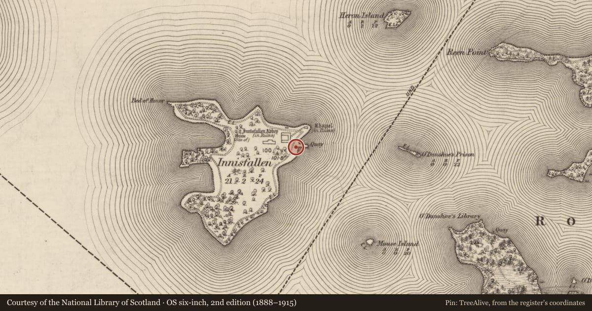 Ordnance Survey six-inch map, 2nd edition (1888–1915) covering the location of Clochan, Innisfallen, County Kerry, with a pin at the register's coordinates