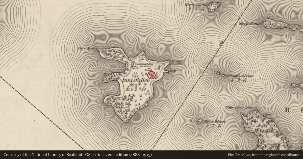 Ordnance Survey six-inch map, 2nd edition (1888–1915) covering the location of Church, Innisfallen, County Kerry, with a pin at the register's coordinates
