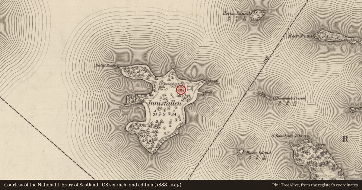 Ordnance Survey six-inch map, 2nd edition (1888–1915) covering the location of Church, Innisfallen, County Kerry, with a pin at the register's coordinates