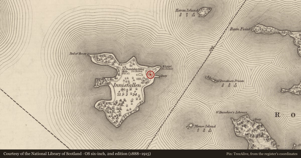 Ordnance Survey six-inch map, 2nd edition (1888–1915) covering the location of Cross-slab, Innisfallen, County Kerry, with a pin at the register's coordinates