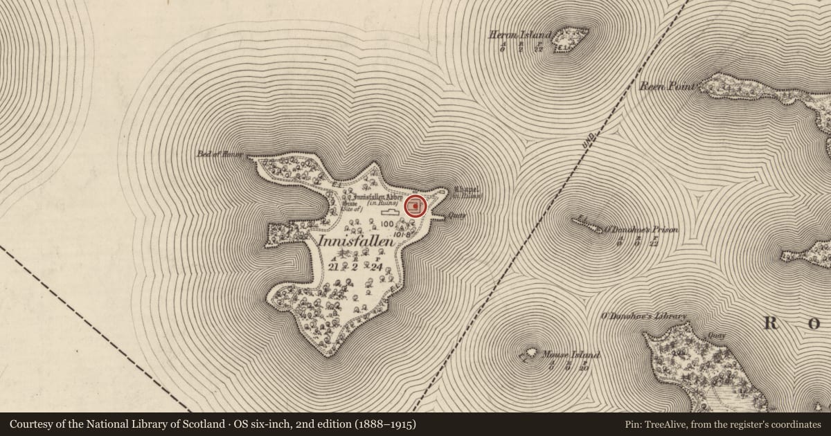 Ordnance Survey six-inch map, 2nd edition (1888–1915) covering the location of Cross-slab, Innisfallen, County Kerry, with a pin at the register's coordinates