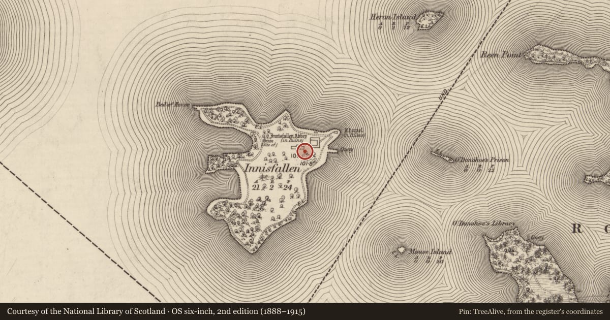 Ordnance Survey six-inch map, 2nd edition (1888–1915) covering the location of Graveslab, Innisfallen, County Kerry, with a pin at the register's coordinates