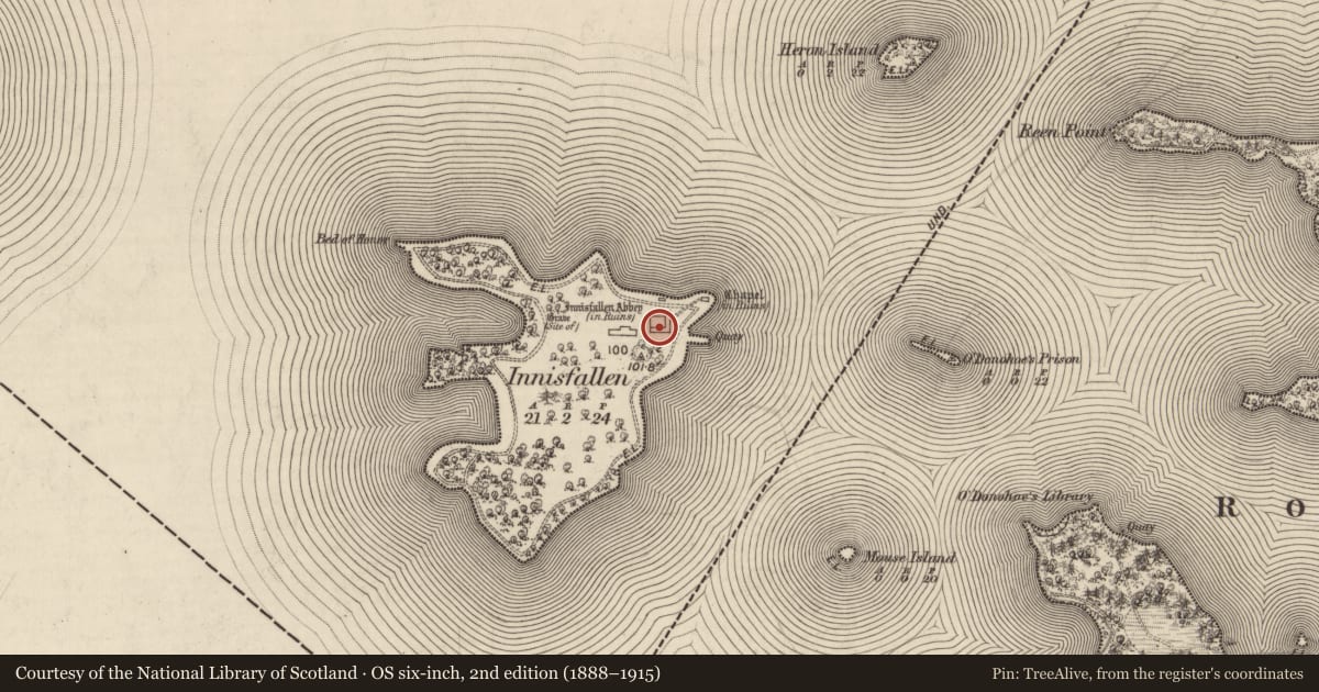Ordnance Survey six-inch map, 2nd edition (1888–1915) covering the location of Church, Innisfallen, County Kerry, with a pin at the register's coordinates