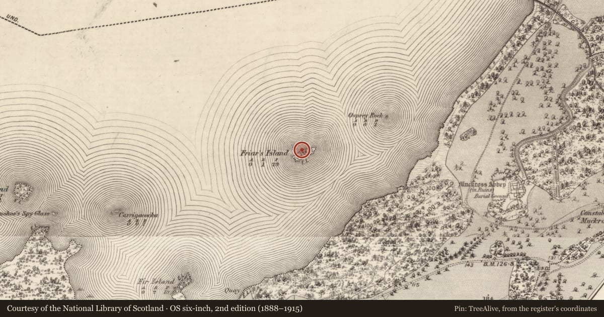 Ordnance Survey six-inch map, 2nd edition (1888–1915) covering the location of Church, Friar'S Island, County Kerry, with a pin at the register's coordinates
