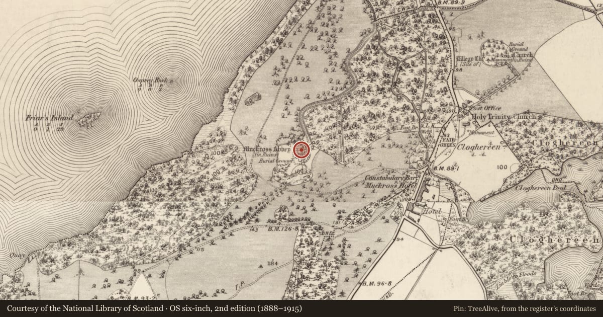 Ordnance Survey six-inch map, 2nd edition (1888–1915) covering the location of Church, Muckross, County Kerry, with a pin at the register's coordinates