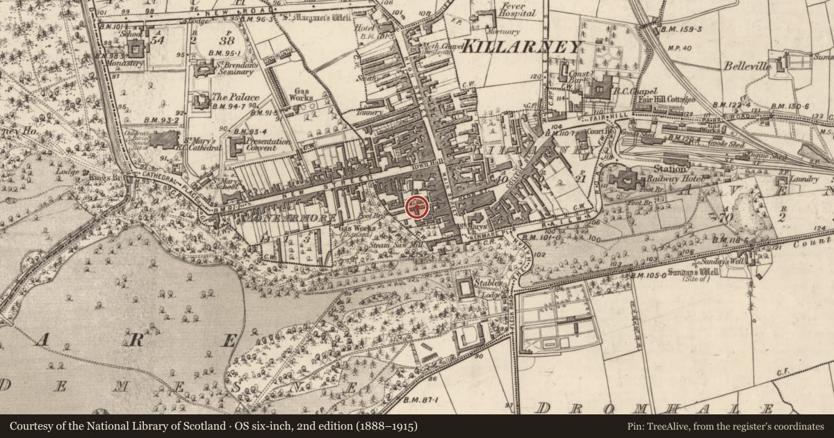 Ordnance Survey six-inch map, 2nd edition (1888–1915) covering the location of Ritual site - holy well, Killarney, County Kerry, with a pin at the register's coordinates