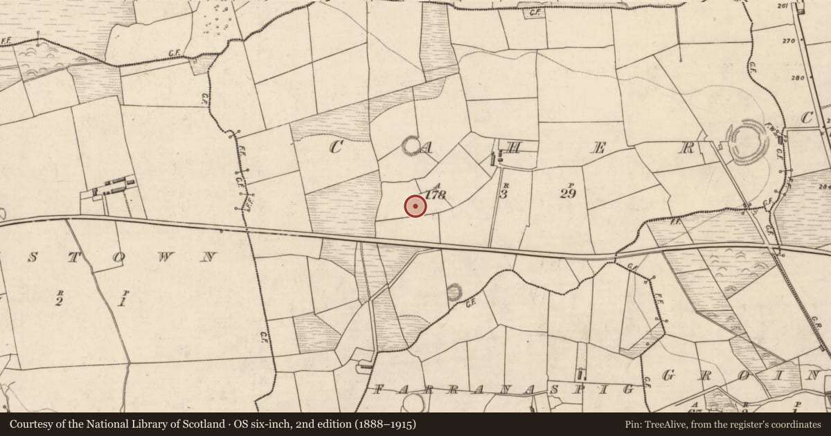 Ordnance Survey six-inch map, 2nd edition (1888–1915) covering the location of Burnt mound, Caher, County Kerry, with a pin at the register's coordinates
